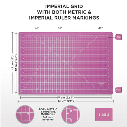 pink cutting mat with grid and ruler markings for imperial and metric measurements
