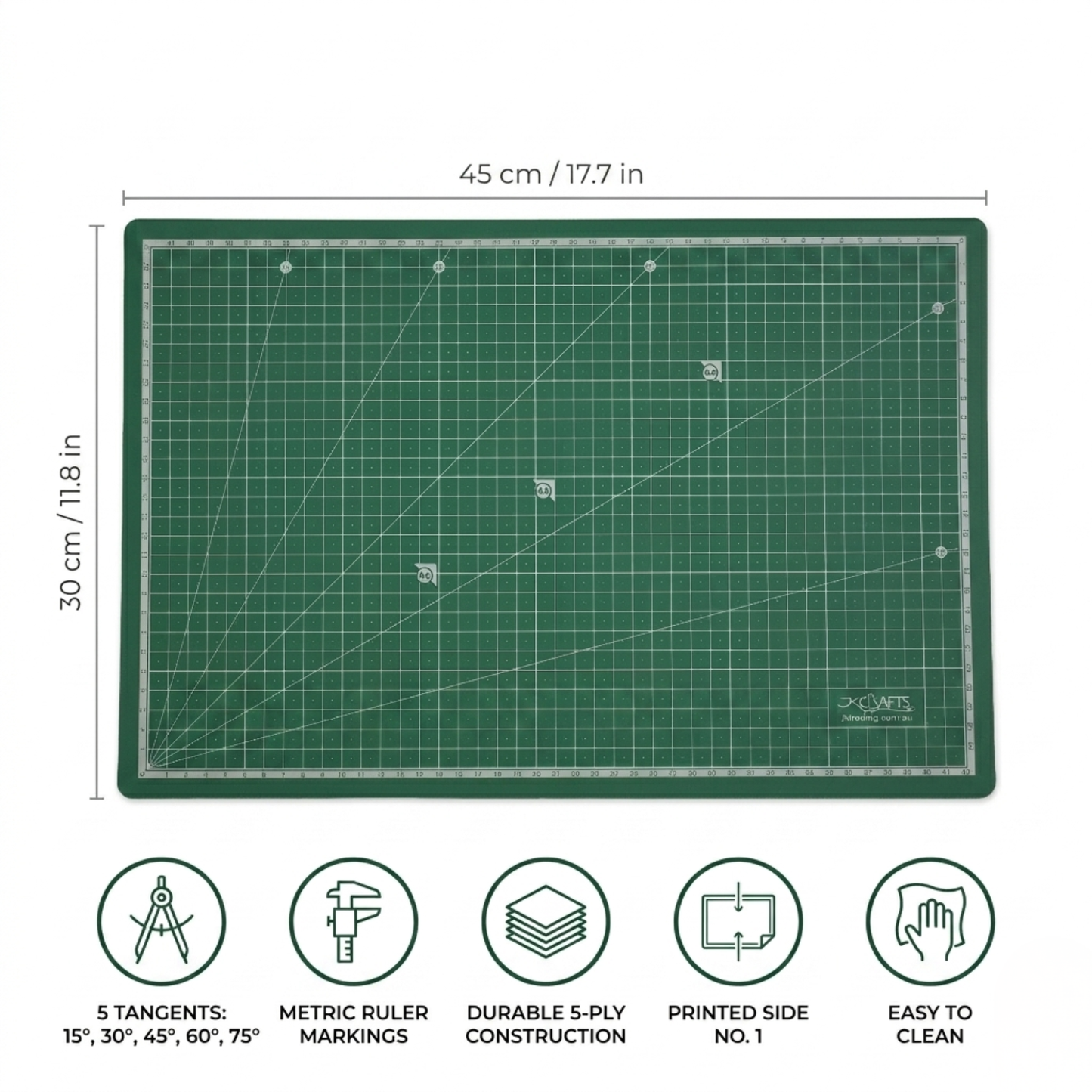 A3 Green cutting mat with grid lines and measurements on a white background