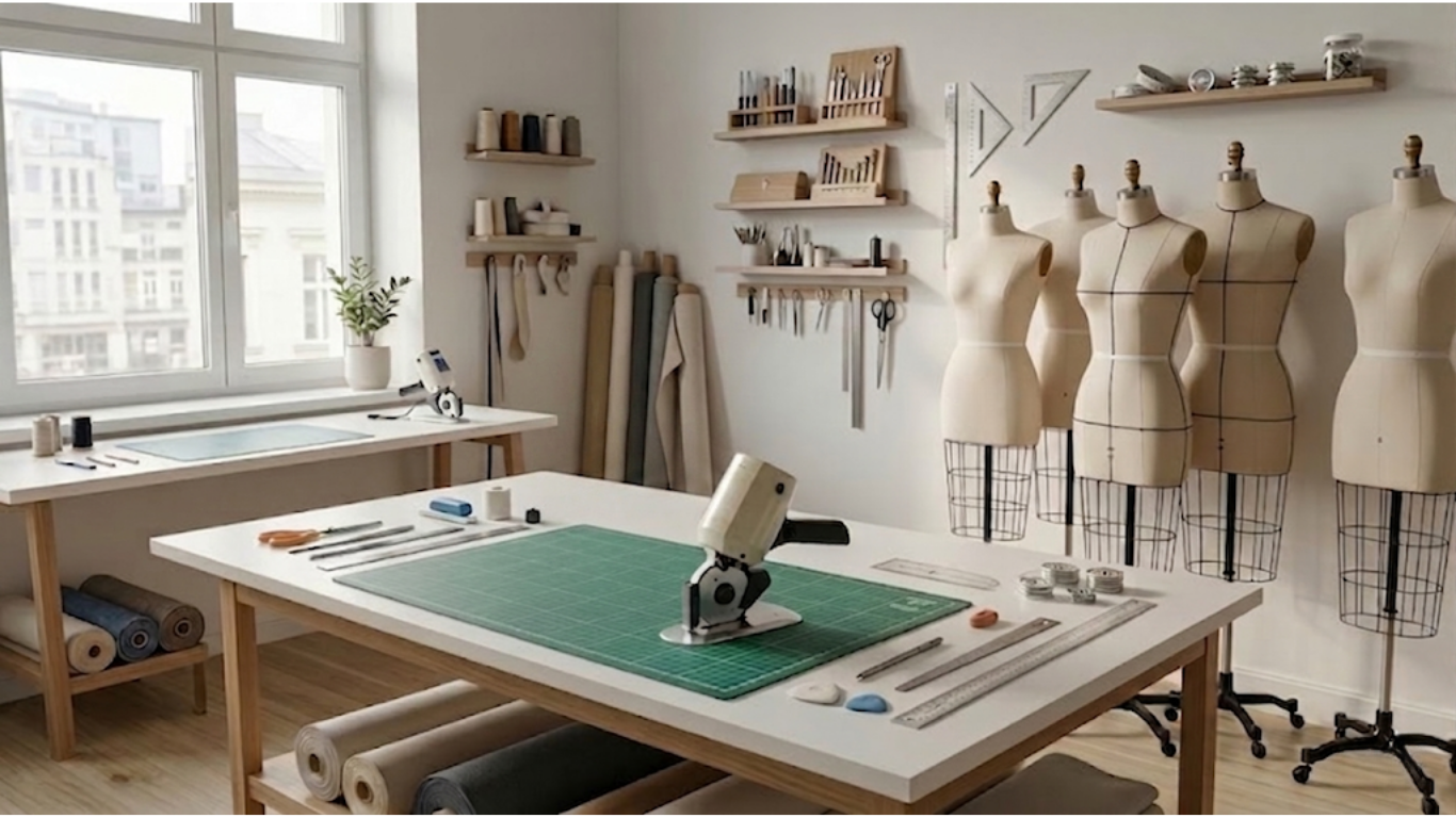 Craft room with sewing table, mannequins, and shelves.