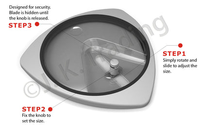 Illustration of an adjustable circle cutter with labeled steps for use