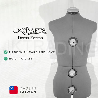 Gray dress form with measurement points on a white background, featuring K Crafts branding.