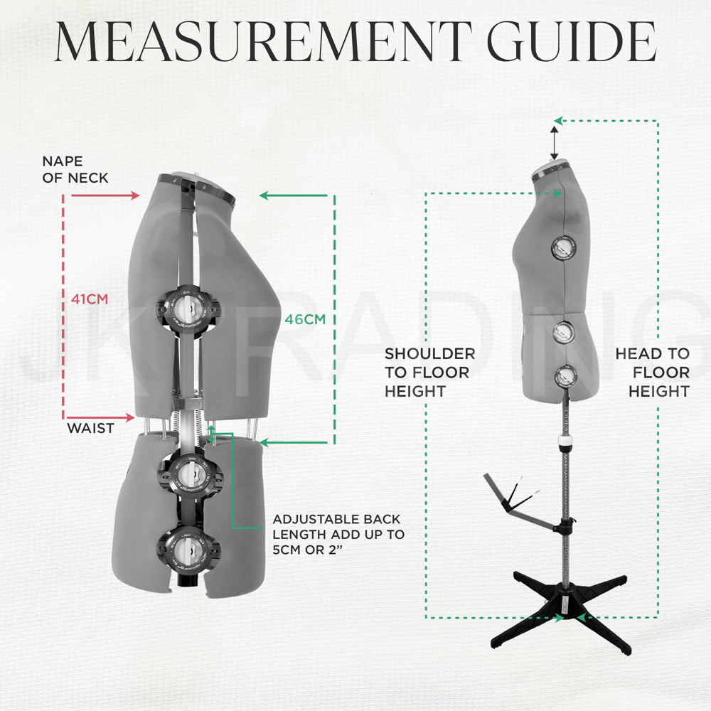 Measurement guide for a mannequin with labeled parts and dimensions on a white background.