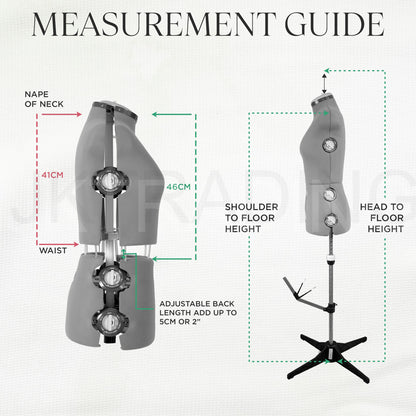 Measurement guide for a mannequin with labeled parts and dimensions on a white background.