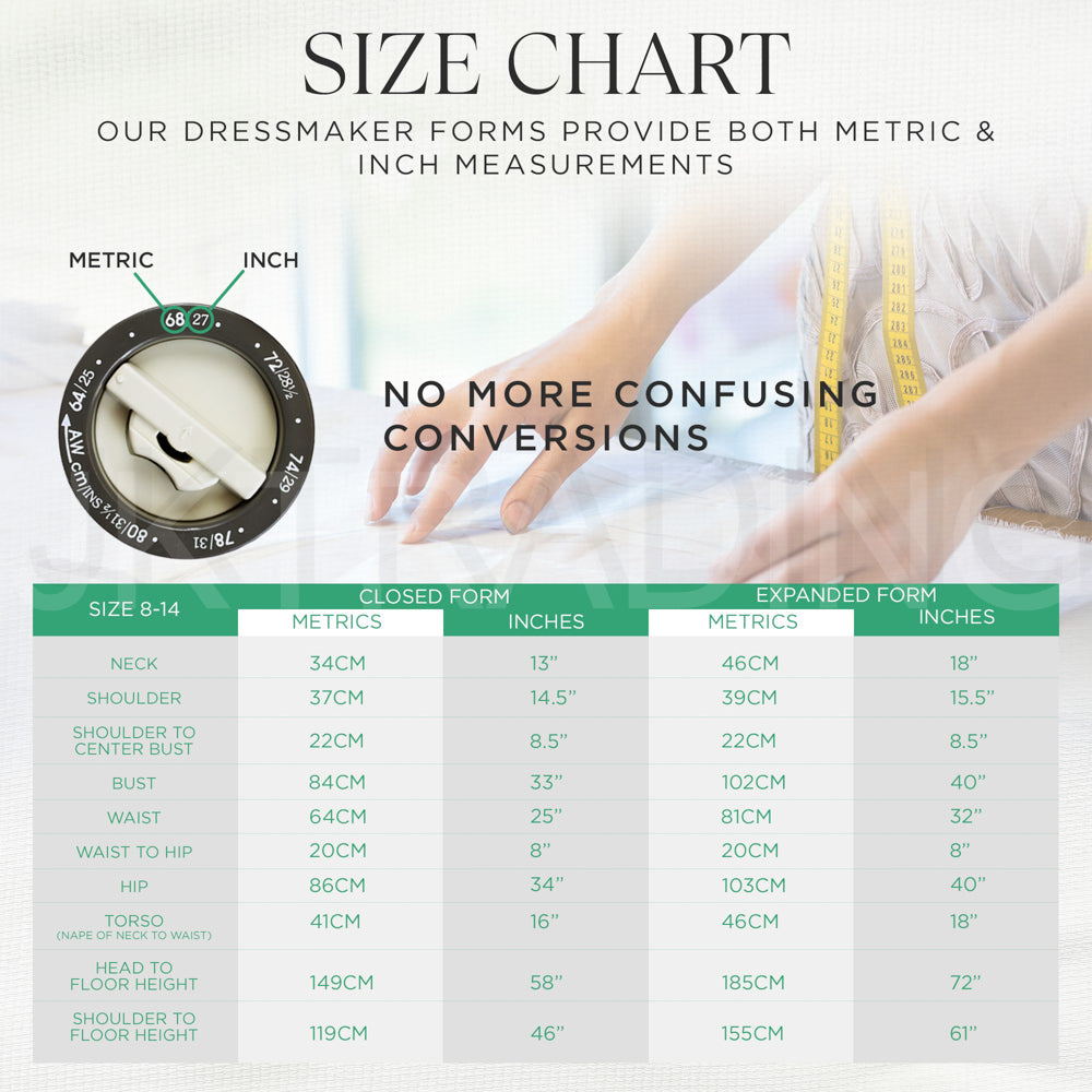 Size chart for dressmaker forms with metric and inch measurements, showing a person using a measuring tape.