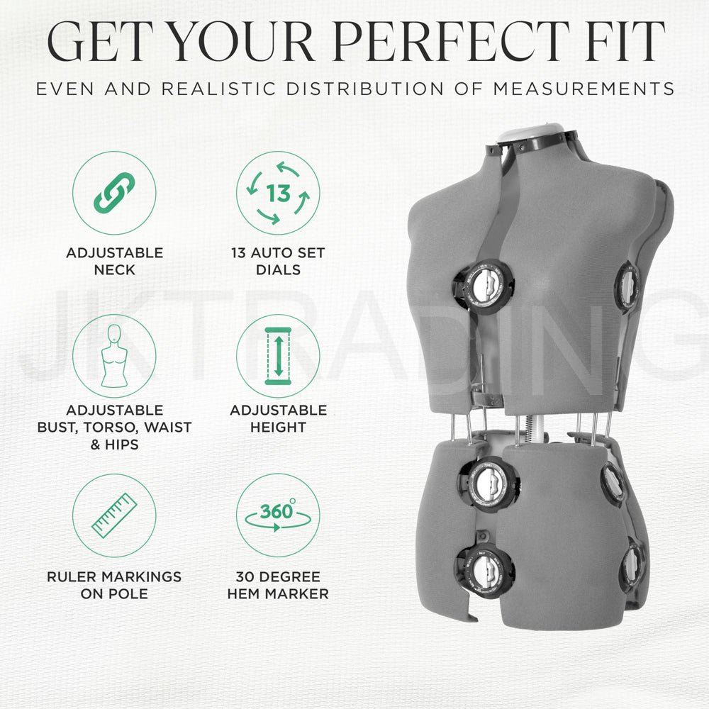 Mannequin with measurement tools and text about getting a perfect fit