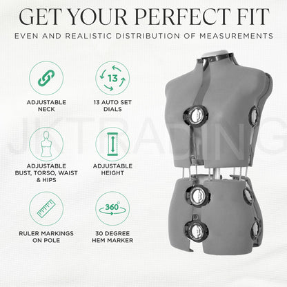 Mannequin with measurement tools and text about getting a perfect fit