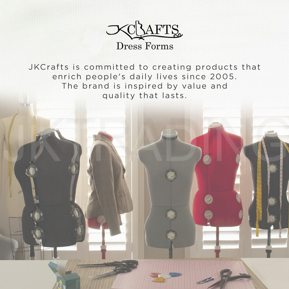 Mannequins with clothing on a table with JK Crafts branding and text.