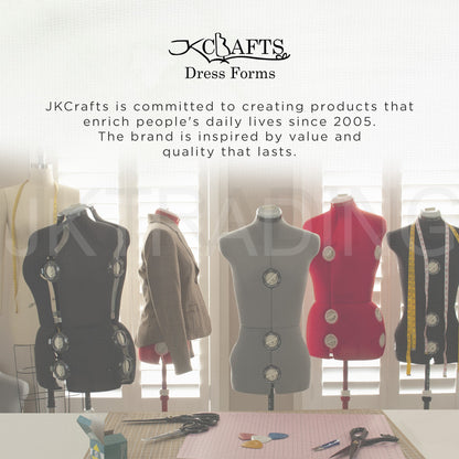 Mannequins with clothing on a table with JK Crafts branding and text.