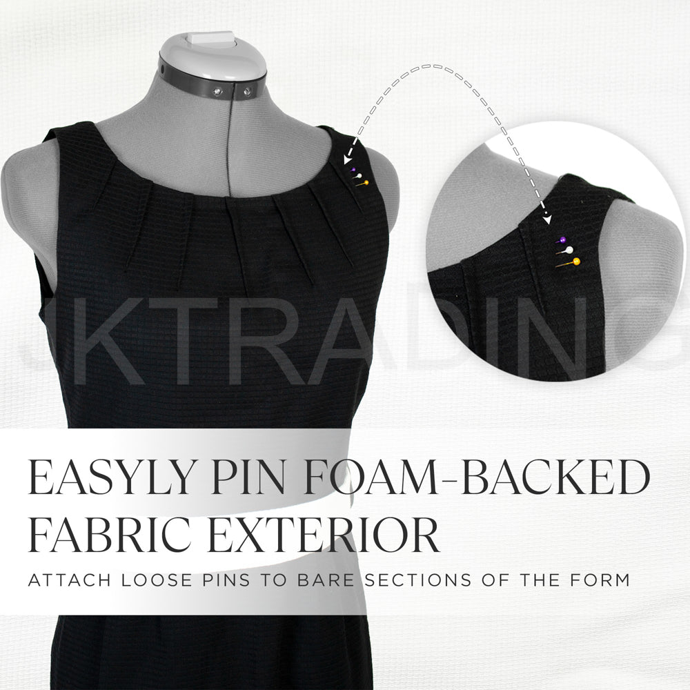 Grey dress form with foam-backed fabric exterior on a white background.