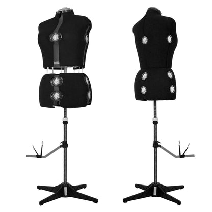 Two black dress forms on stands with adjustable neck and arm positions on a white background.