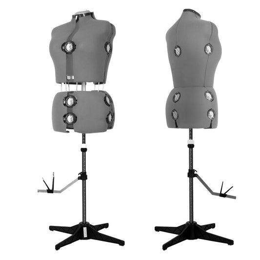 Two gray dress forms on black stands against a white background