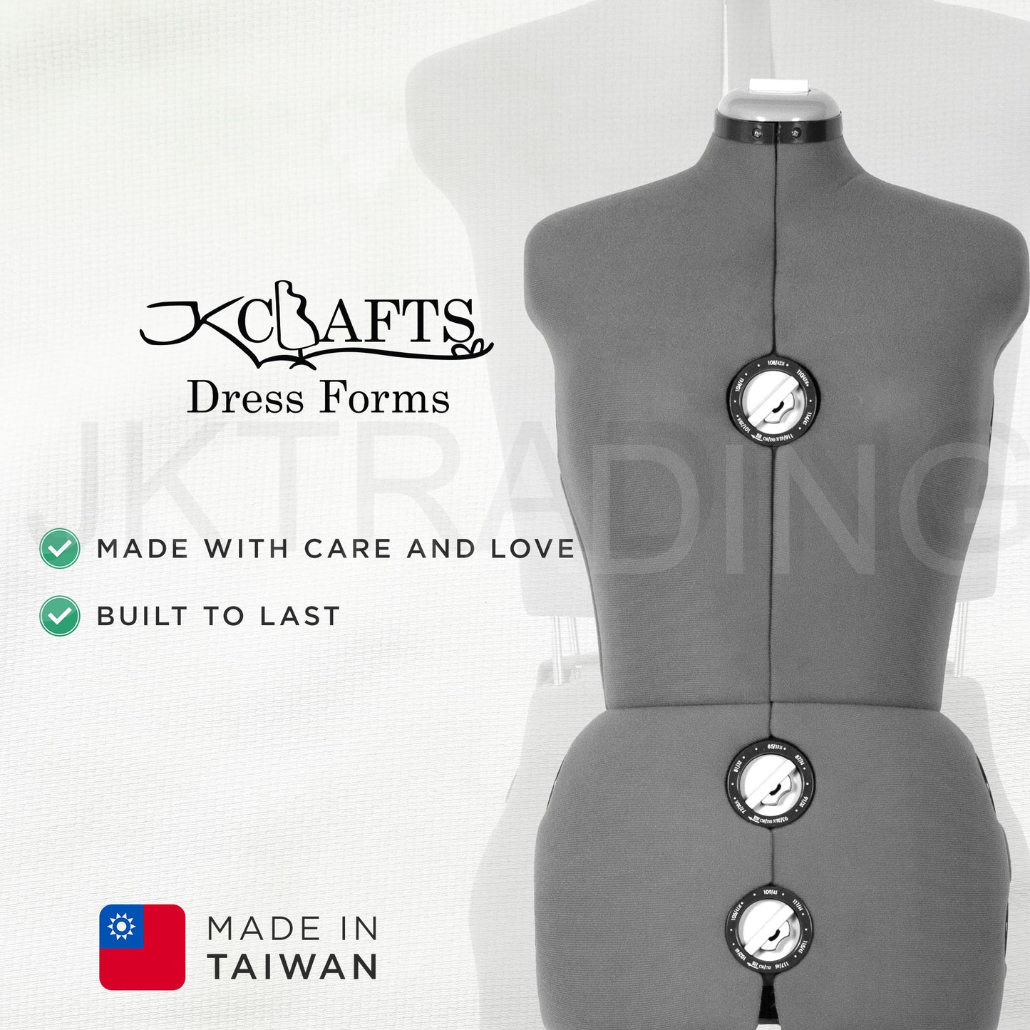 Gray dress form with K Crafts branding and text about care, love, and durability, set against a white background.