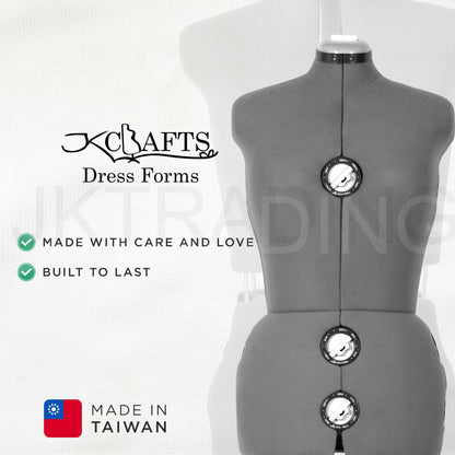 Gray dress form with K Crafts branding and text about care, love, and durability, set against a white background.