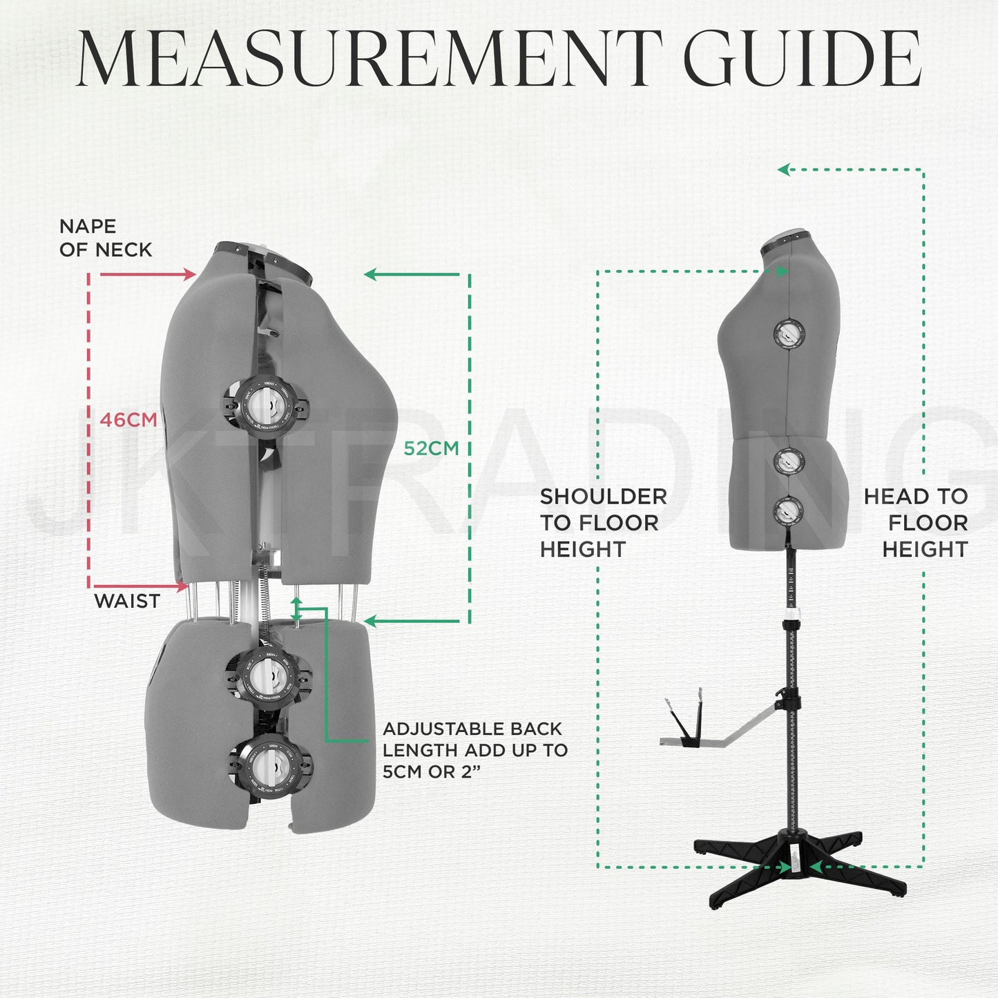 Measurement guide for a mannequin with labeled parts and dimensions on a white background.