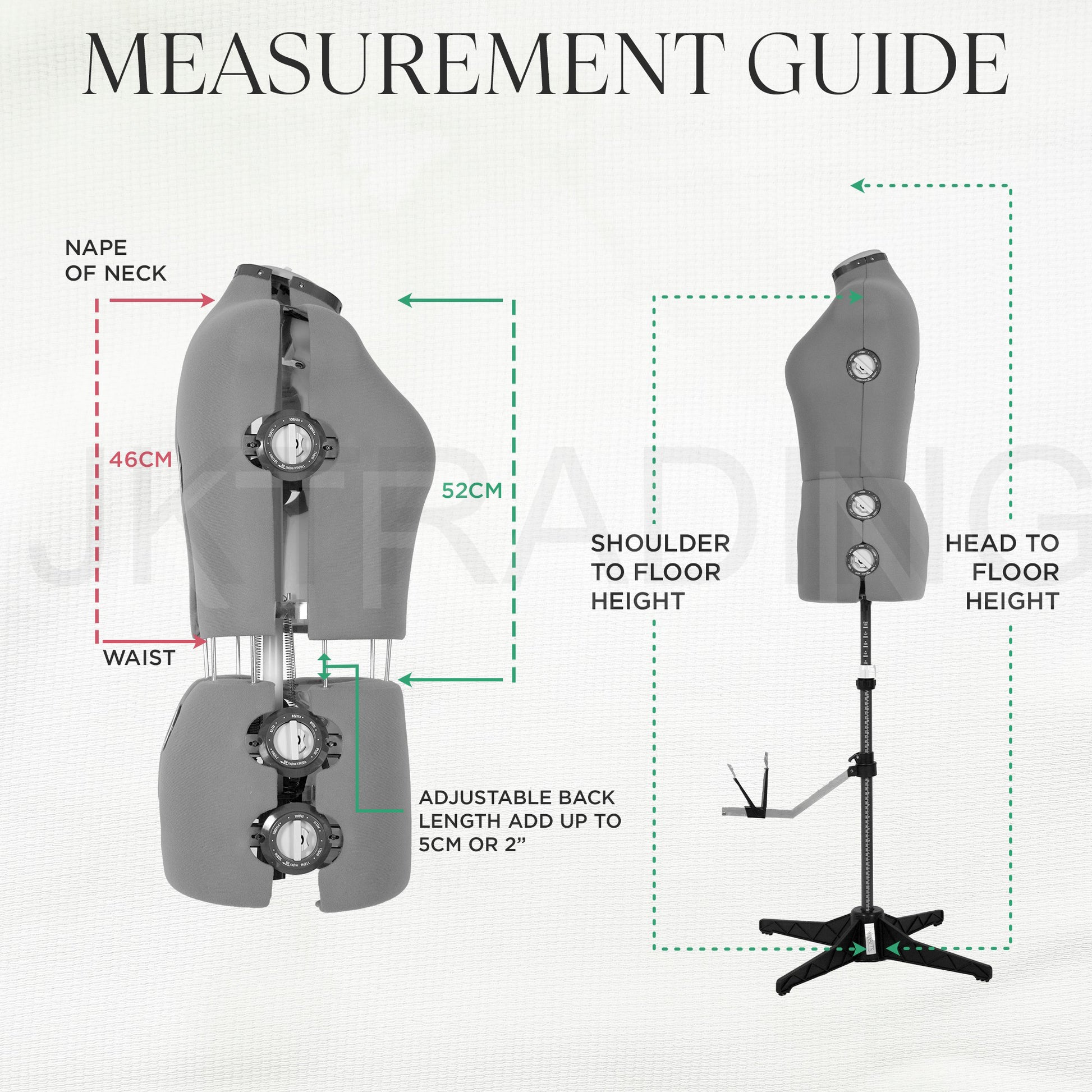 Measurement guide for a mannequin with labeled parts and dimensions on a white background.