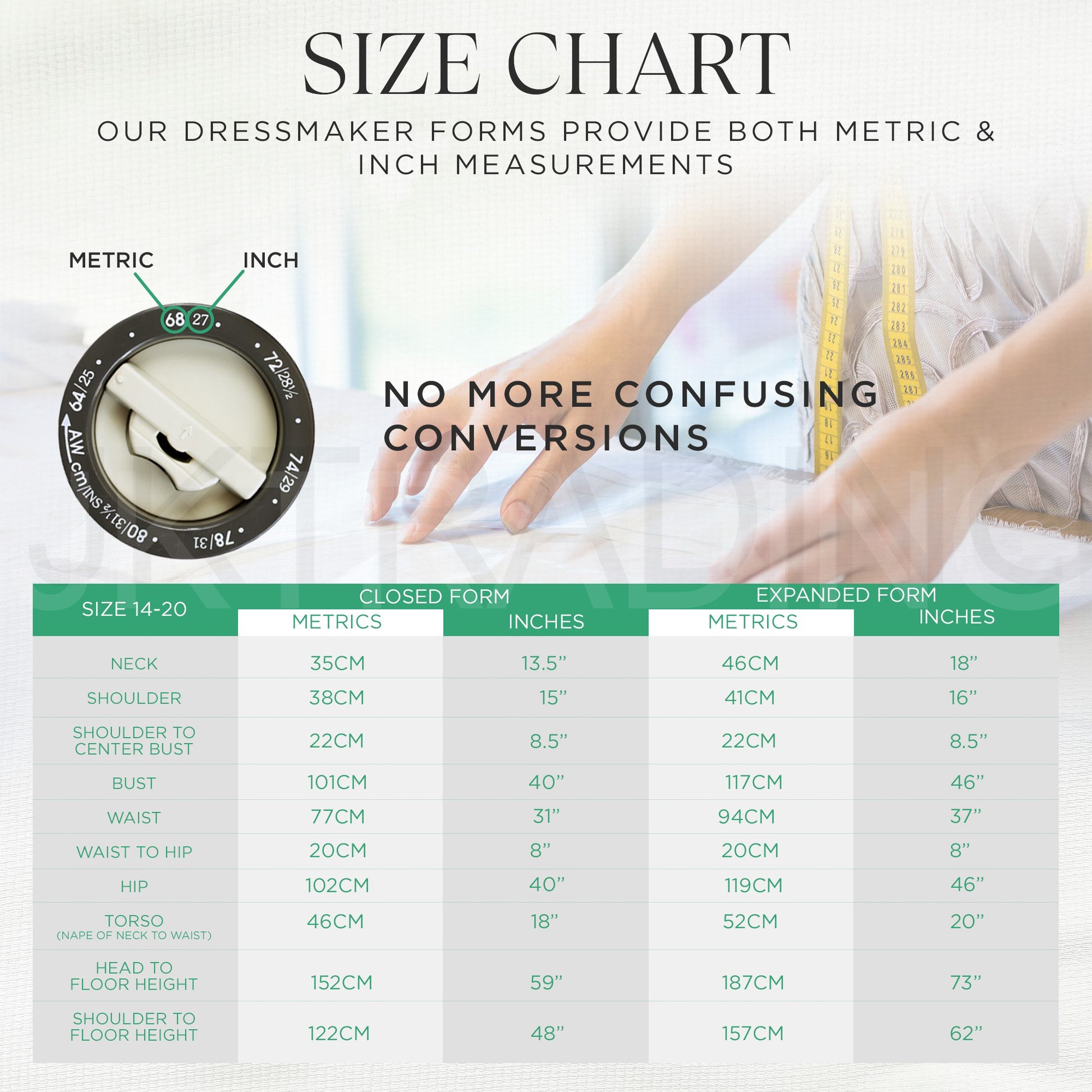 Size chart for dressmaker forms with metric and inch measurements, showing a person using a measuring tape.
