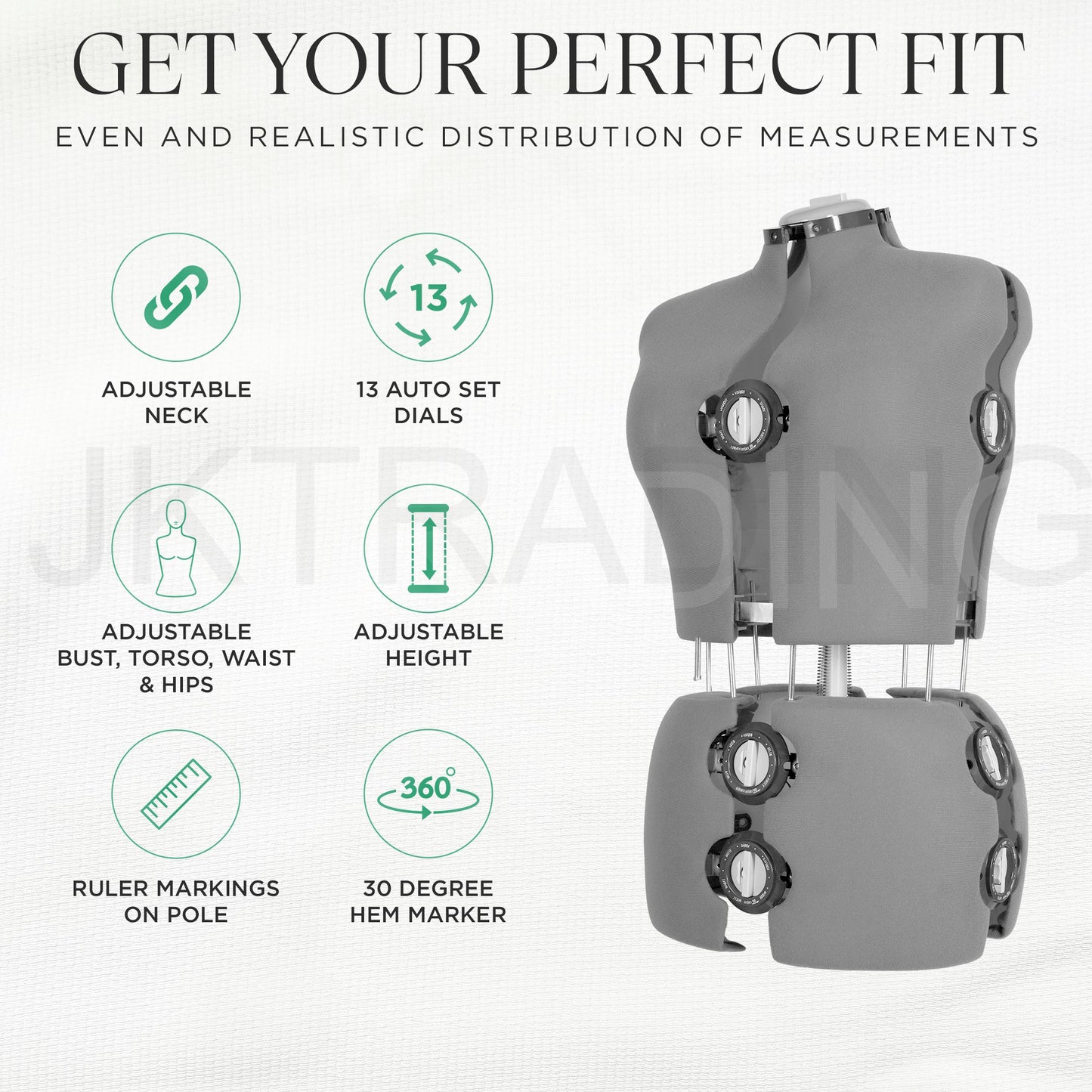 Mannequin with measurement features and text about getting a perfect fit.
