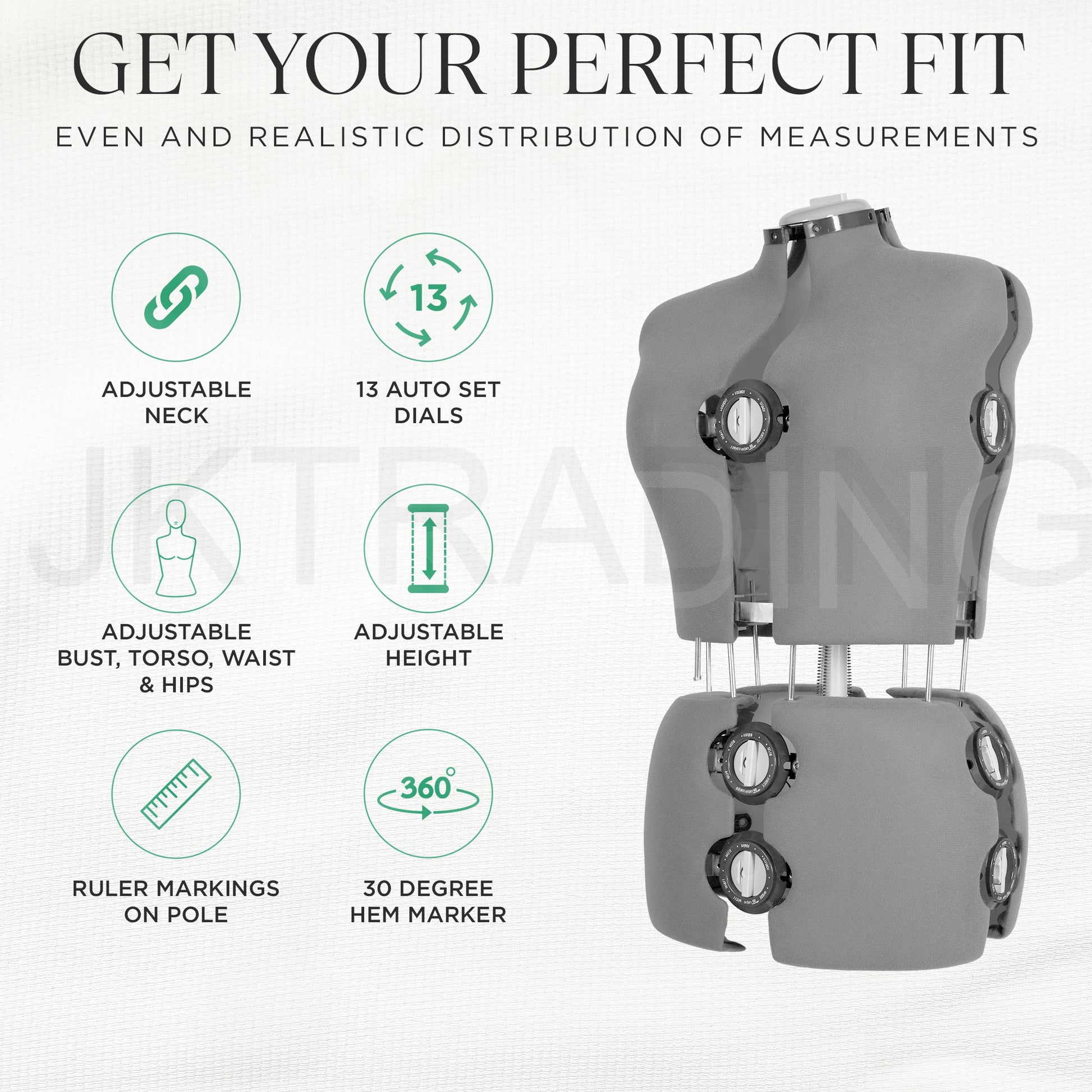 Mannequin with measurement features and text about getting a perfect fit.