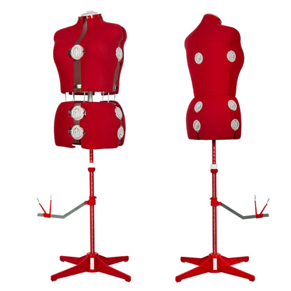 Red dress form with a stand on a white background