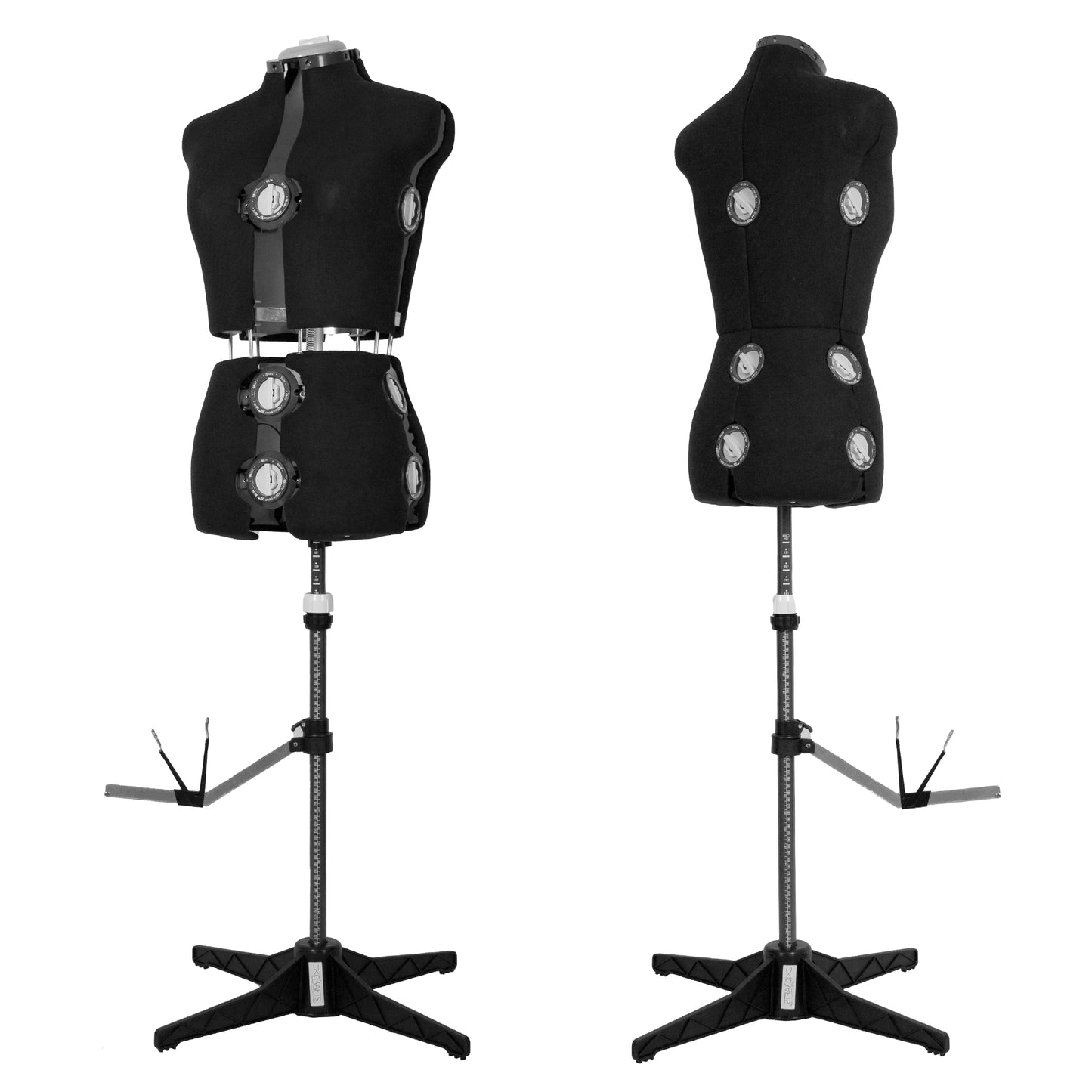 Two black dress forms on stands against a white background
