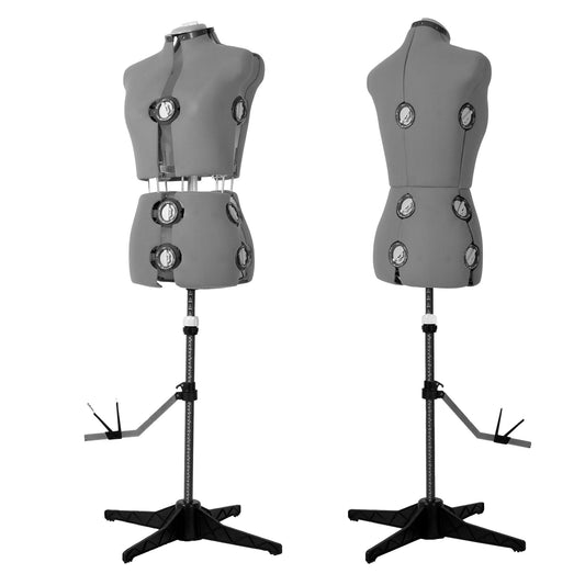 JKCrafts Two gray dress forms on black stands against a white background