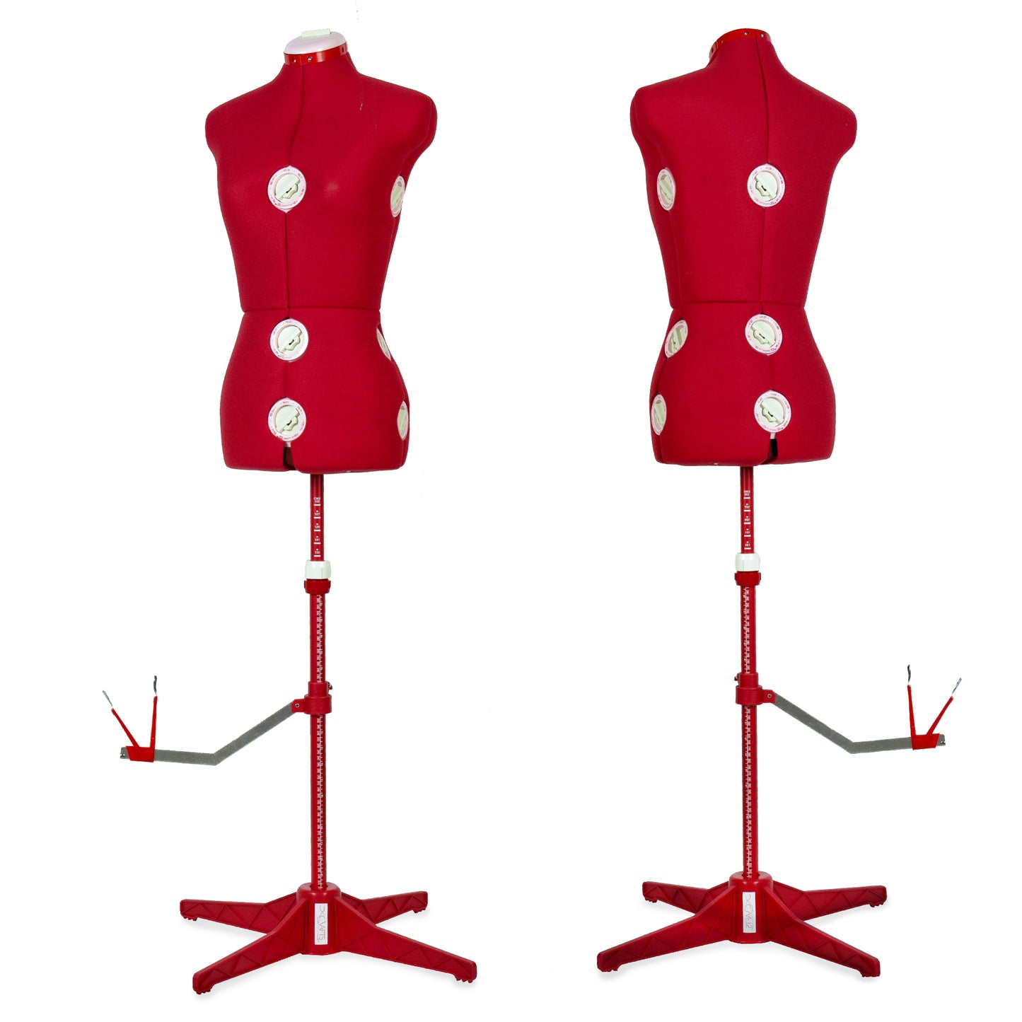 Two red dress forms with stands on a white background