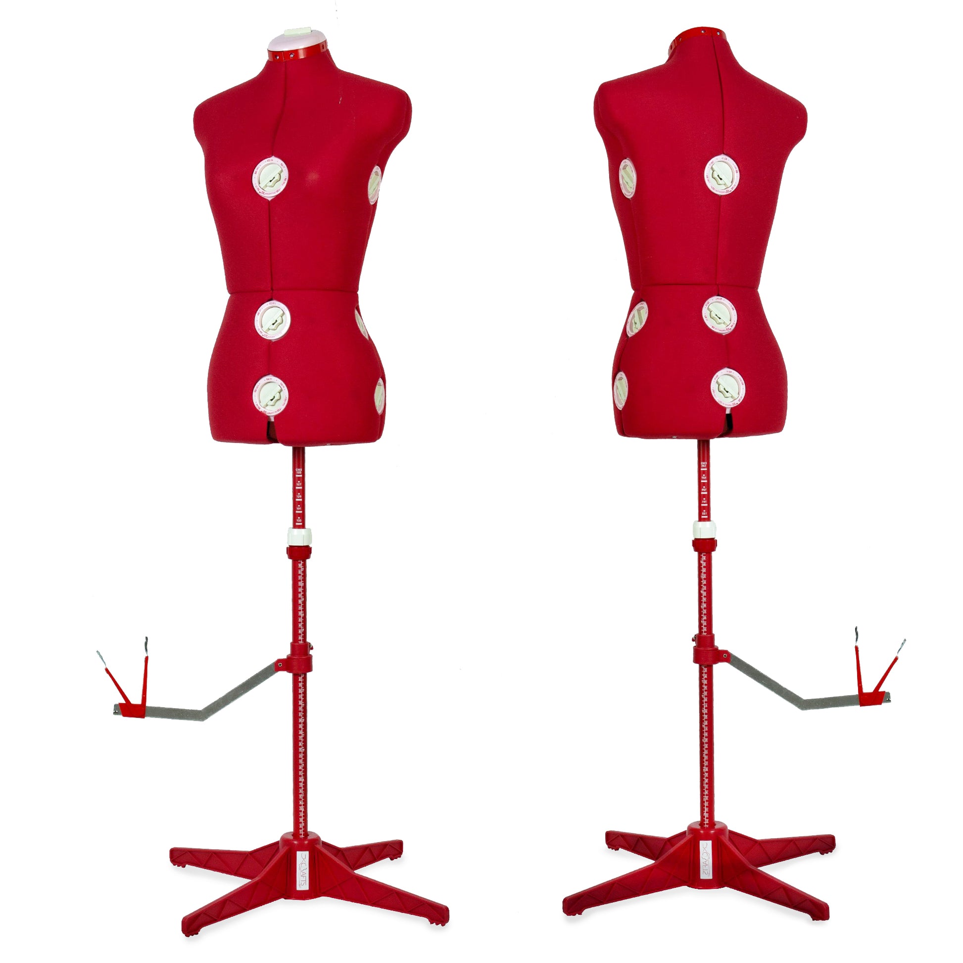 Two red dress forms with stands on a white background