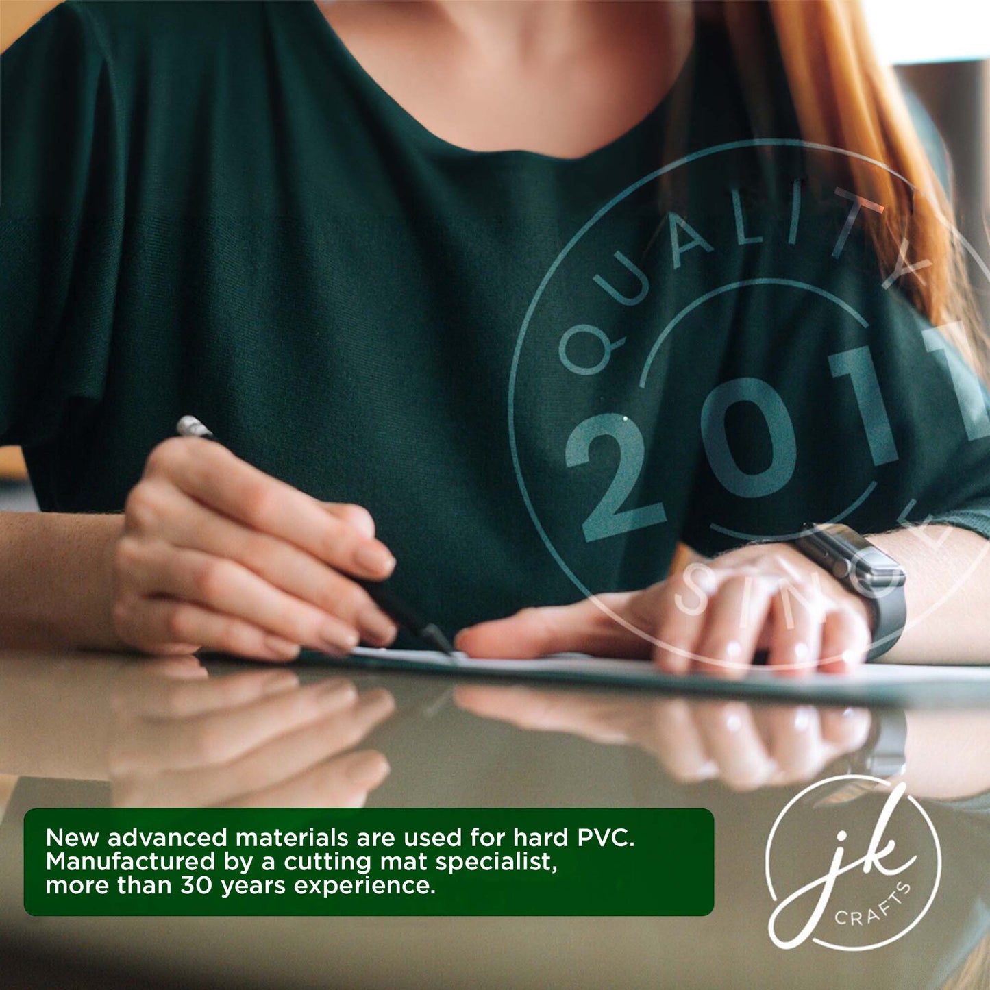 Person using a cutting mat about advanced materials and a JKCrafts brand logo.