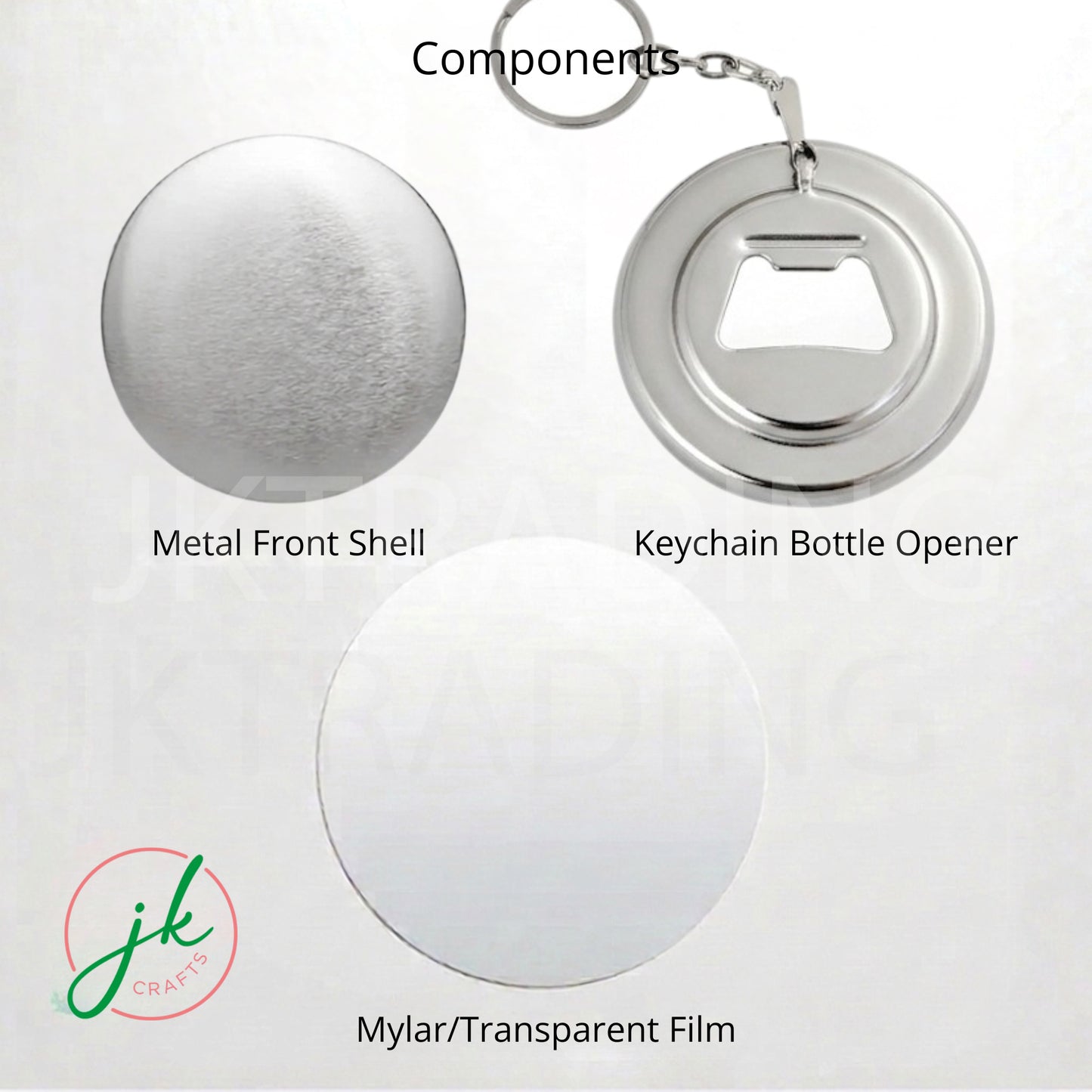 Components of a keychain bottle opener with metal front shell, keychain bottle opener, and mylar/transparent film.