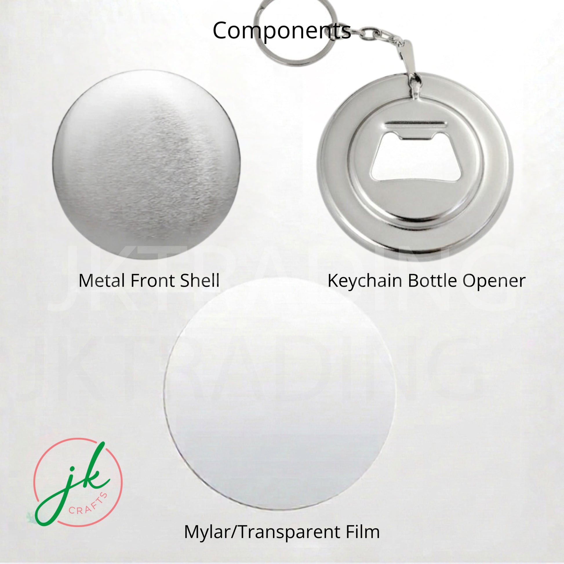 Components of a keychain bottle opener with metal front shell, keychain bottle opener, and mylar/transparent film.