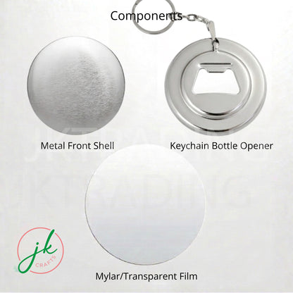 Components of a keychain bottle opener with metal front shell, keychain bottle opener, and mylar/transparent film.
