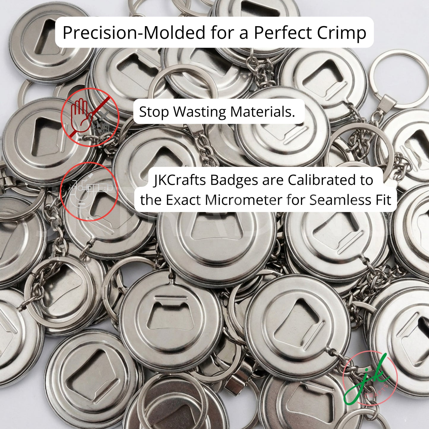 Stack of metal bottle openers with text about precision molding and calibration.