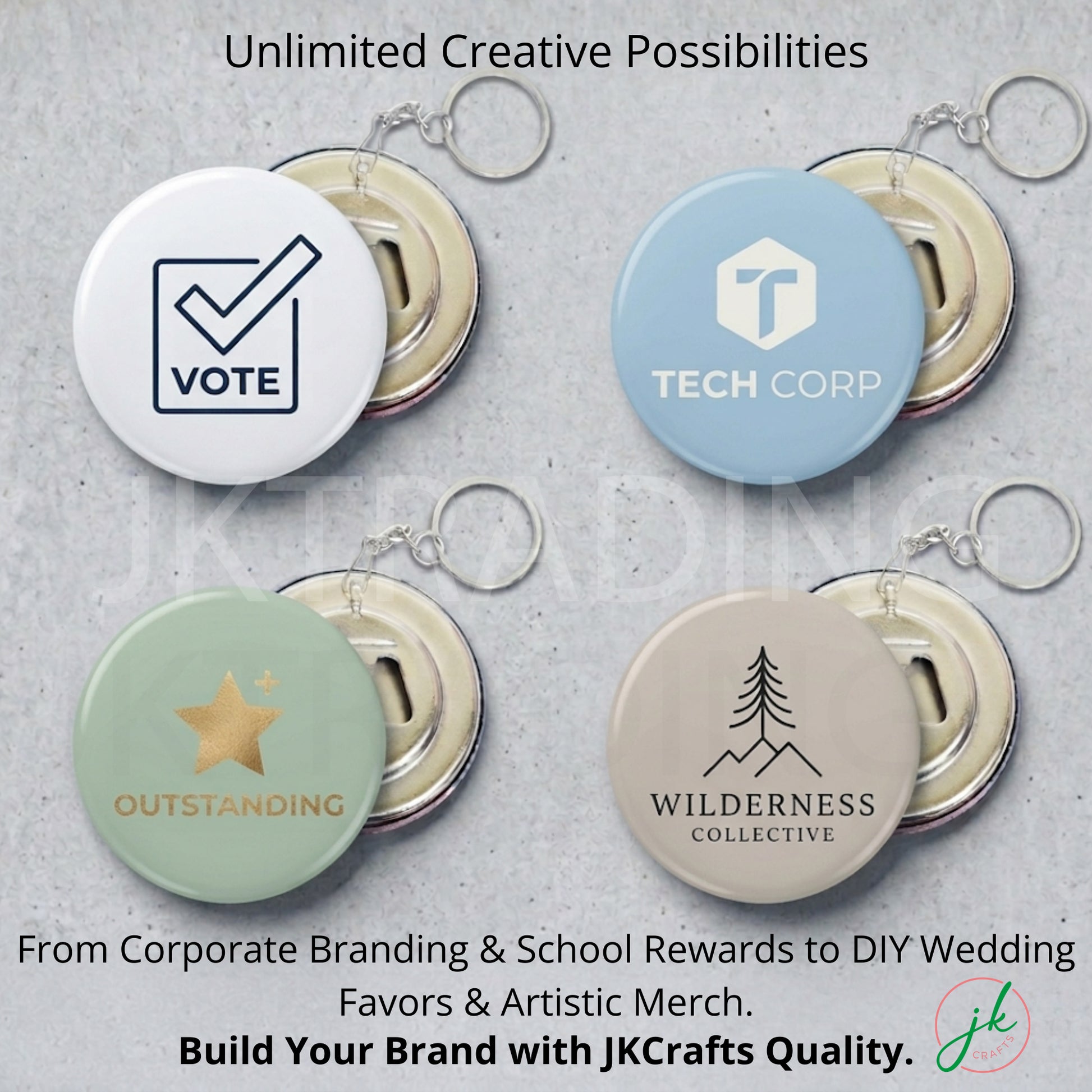 keychain bottle opener Button badges with various designs and text on a gray background, featuring branding and promotional text.