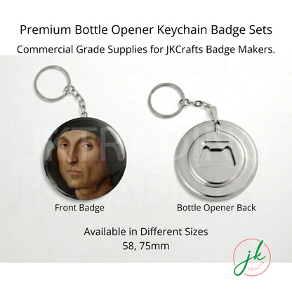 Premium bottle opener keychain badge sets with front and back designs on a white background.
