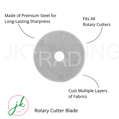 Product illustration detailing the durable Japanese steel composition of a standard 45mm rotary blade.