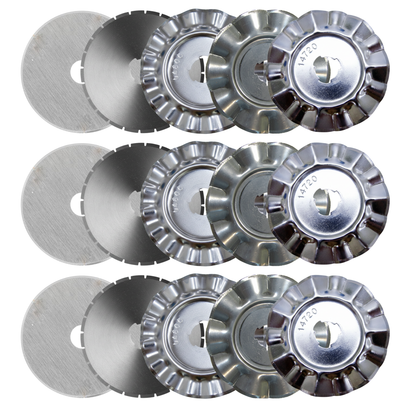 Bulk multi-pack grid array of premium circular cutting blades for sewing and quilting tools.