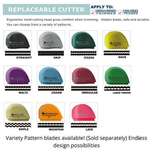 Full catalog chart showcasing 11 colorful decorative pattern and perforation blade replacement slider cartridges available.