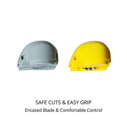 Light grey and bright yellow ergonomic safety replacement blade capsules showing their secure finger-guard shields.