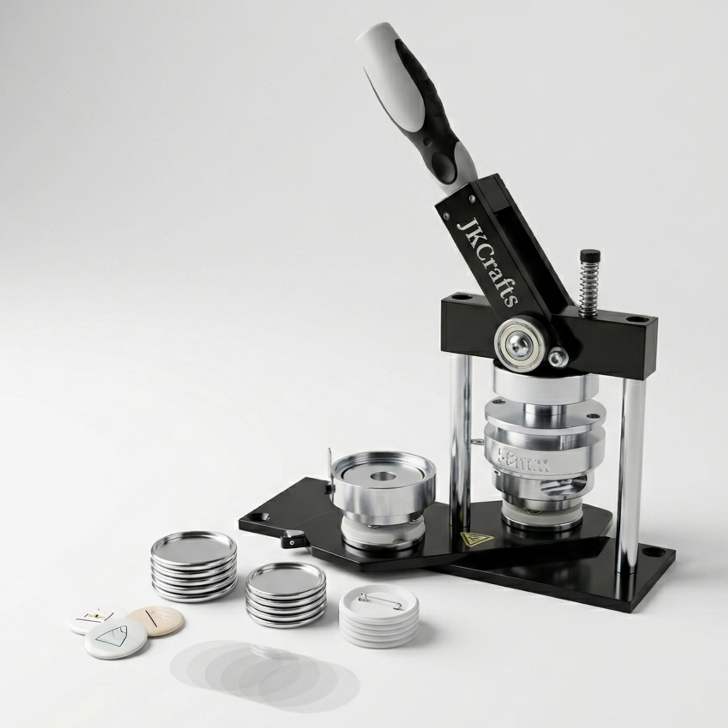 Button Badge Maker Machine with a set of button badge components on a white background