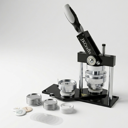 Button Badge Maker Machine with a set of button badge components on a white background