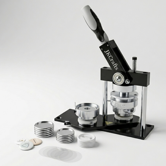Button Badge Maker Machine with a set of button badge components on a white background
