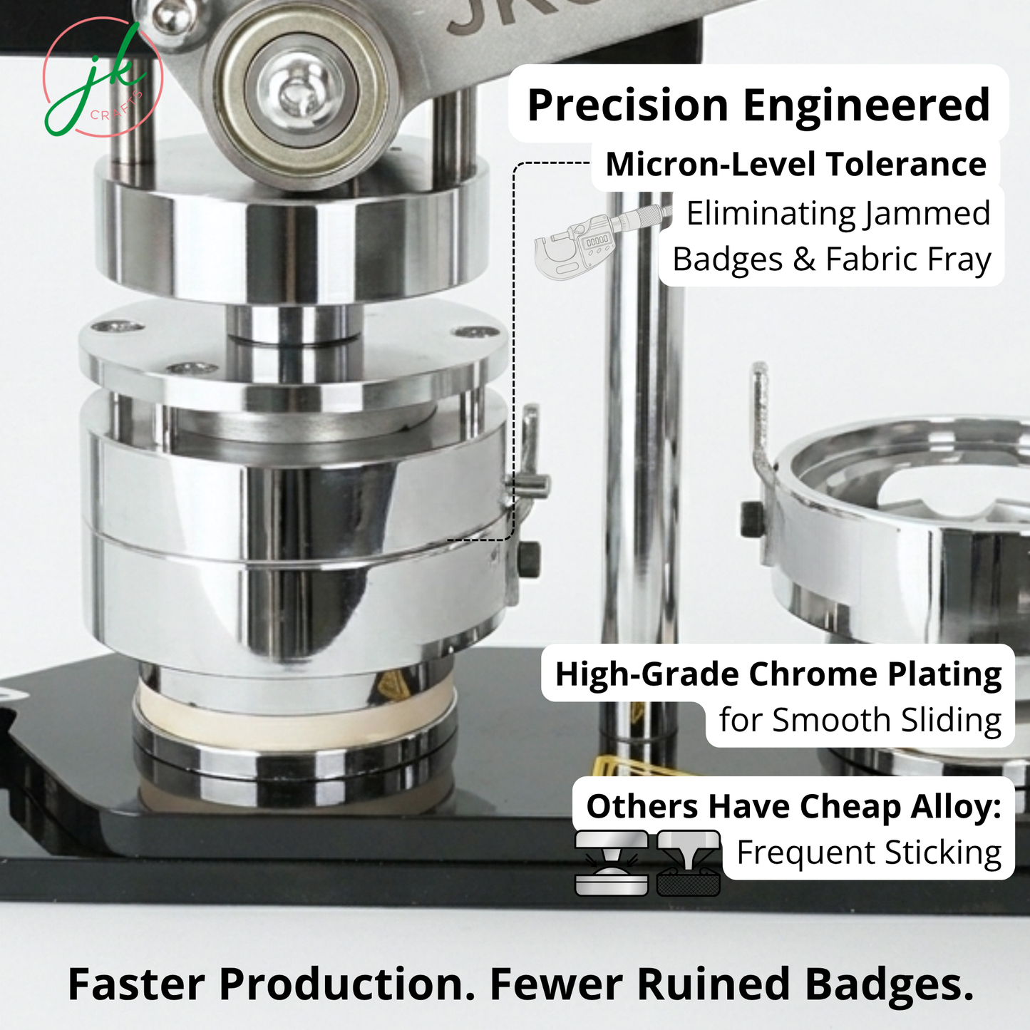 Technical close-up of the BM-N3 Button Badge Maker showing the precision-engineered chrome-plated moulds and sliding mechanism designed for smooth, high-volume custom pin production and jam-free operation.