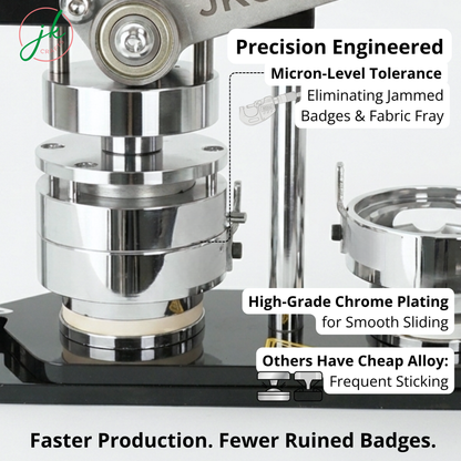 Technical close-up of the BM-N3 Button Badge Maker showing the precision-engineered chrome-plated moulds and sliding mechanism designed for smooth, high-volume custom pin production and jam-free operation.