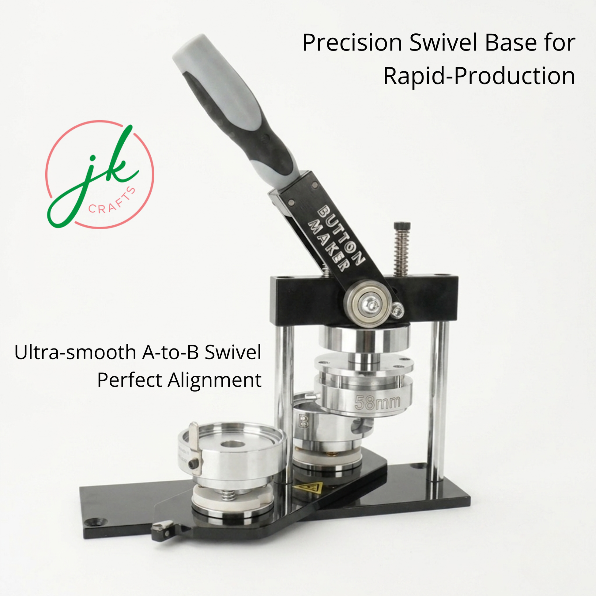 The BM-N3 Button Badge Maker featuring an ultra-smooth A to B swivel base mechanism for rapid production and perfect die alignment. This manual pin press machine is designed for fast, high-volume custom badge assembly and commercial crafting projects.