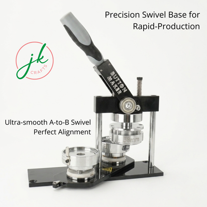 The BM-N3 Button Badge Maker featuring an ultra-smooth A to B swivel base mechanism for rapid production and perfect die alignment. This manual pin press machine is designed for fast, high-volume custom badge assembly and commercial crafting projects.