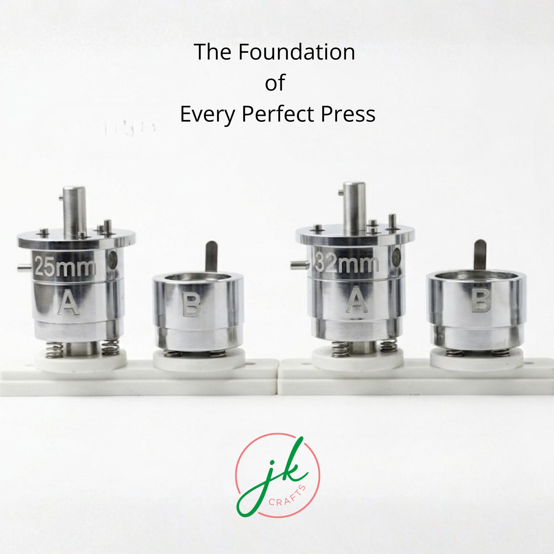 Set of button badge mould press tools with measurements on a white background, featuring the JK Crates logo.