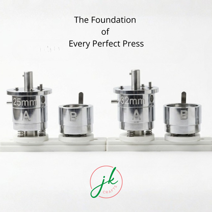 Set of button badge mould press tools with measurements on a white background, featuring the JK Crates logo.