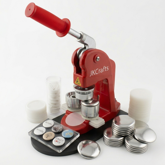 Red button making machine with metal buttons and tools on a white background, branded 'JKCrafts'.