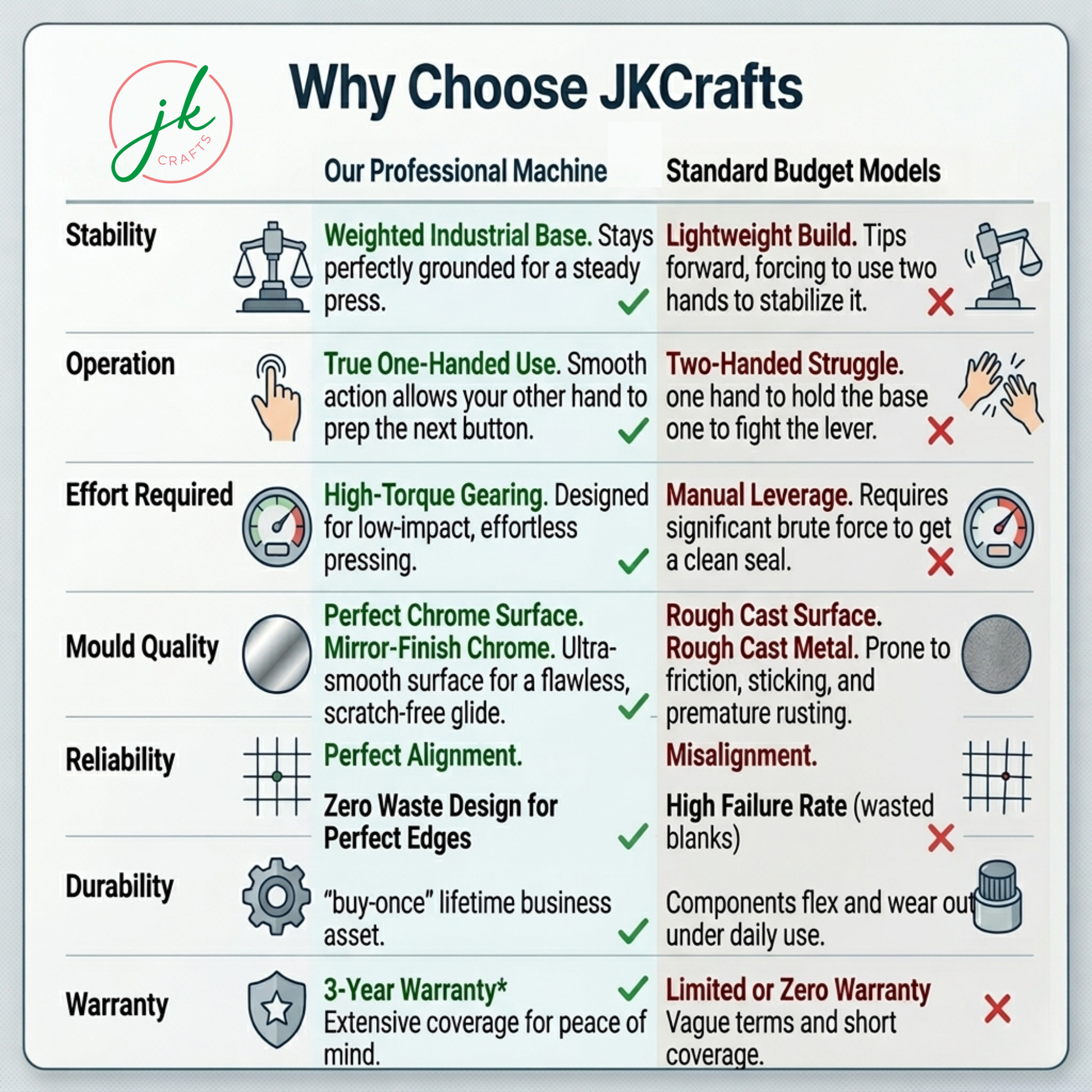 Comparison chart of JK Crafts professional machine vs standard budget models on various criteria.