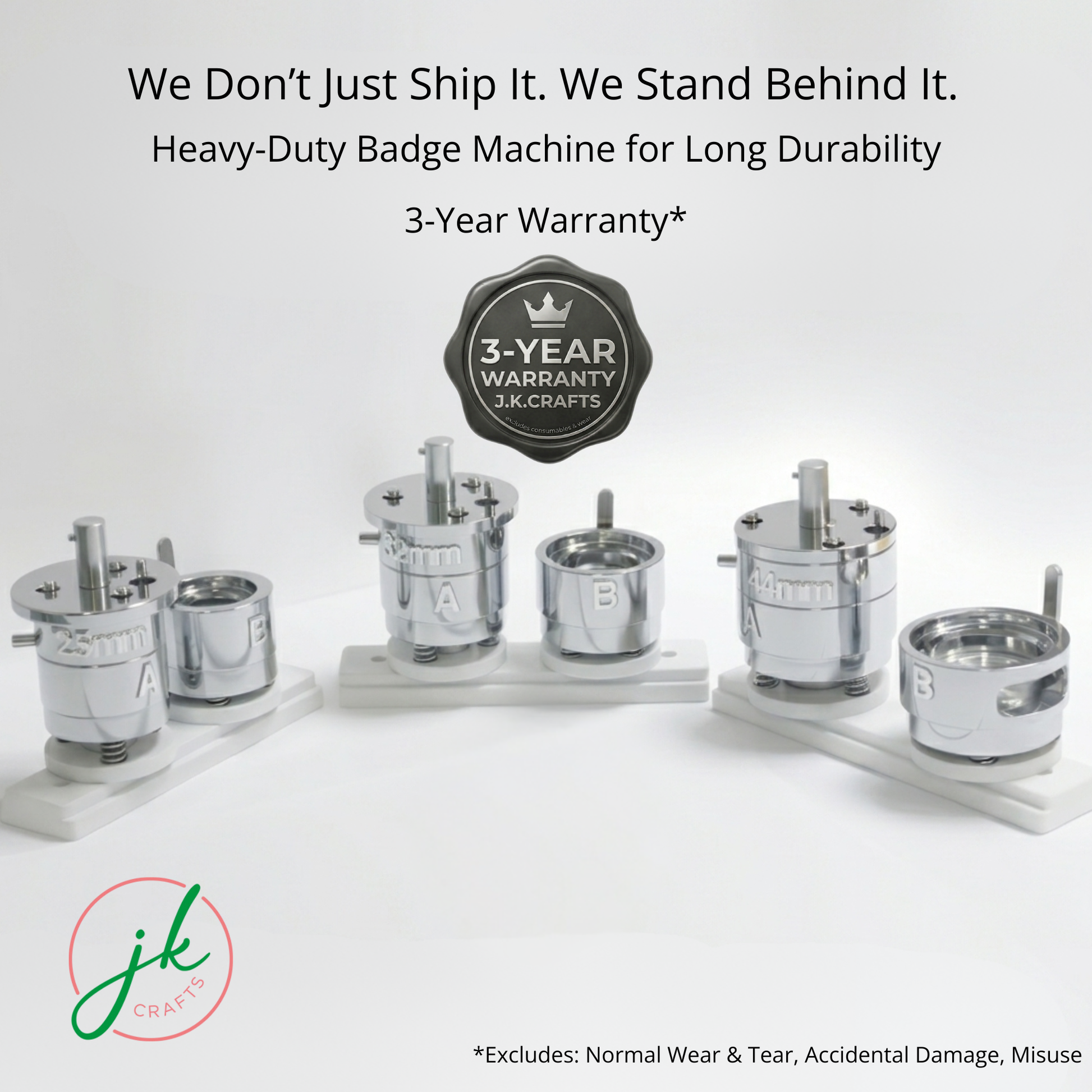 Heavy-duty badge machine with 3-year warranty badge on a white background, featuring J.K. Crafts logo.